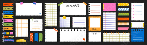 Paper sheets with torn edges for notes stuck on washi tape stripes. A set of stickers with the names of the days of the week. Information board for the daily planner