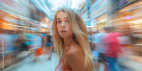 young blonde Caucasian woman exudes vibrant energy and confidence, striking a dynamic pose against the blurred backdrop of a modern, motion-blurred shopping mall filled with bustling shoppers.