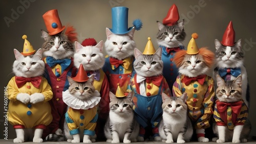 "A group of cats dressed as clowns, each with their own unique and hilarious costume. Rendered in a variety of styles, from abstract and surreal to classic and traditional."