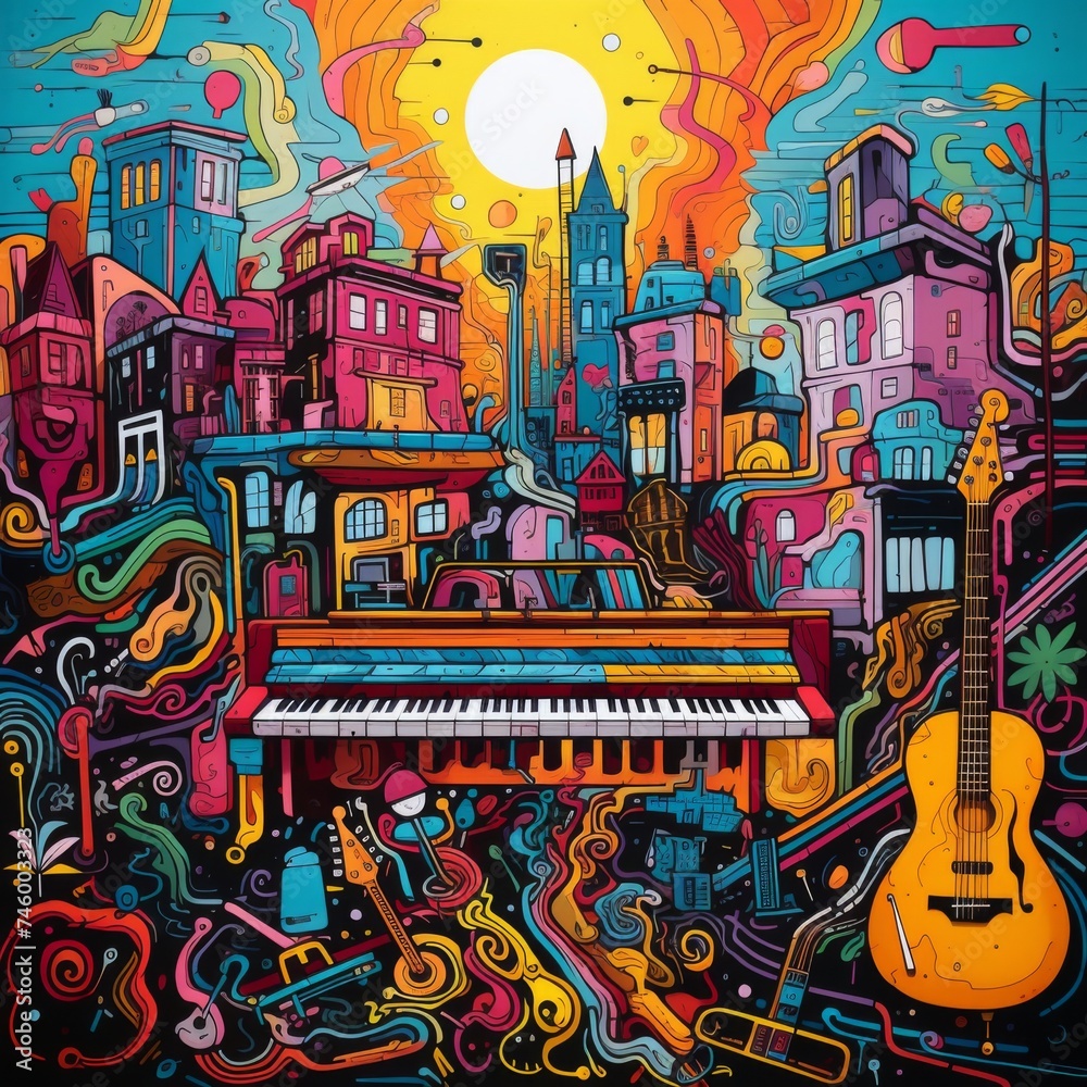 A painting depicting a city scene with a piano and guitar in the foreground