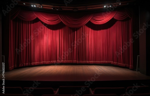 Red theater curtain repeat pattern for performance or promotion backdrop. Luxurious silky velvet tile drapes texture.