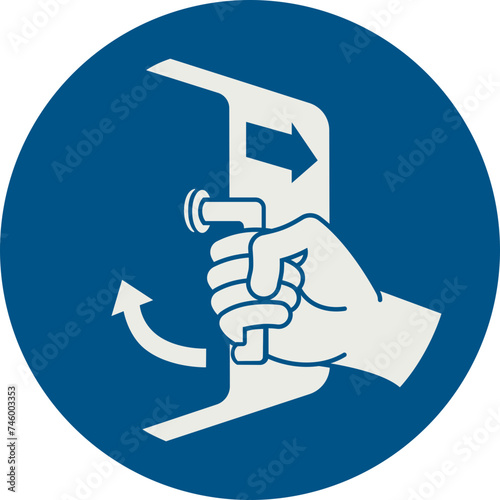 OBLIGATION SIGN PICTOGRAM, CLOSE AND SECURE THE HATCH (LIFEBOAT LAUNCH SEQUENCE) ISO 7010 – M037, SVG