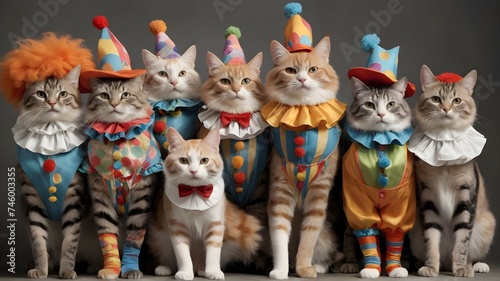 "Let your mind run wild with this prompt featuring a group of cats in clown costumes. From bold and abstract to delicate and intricate, the rendering possibilities are as diverse as the cats' personal
