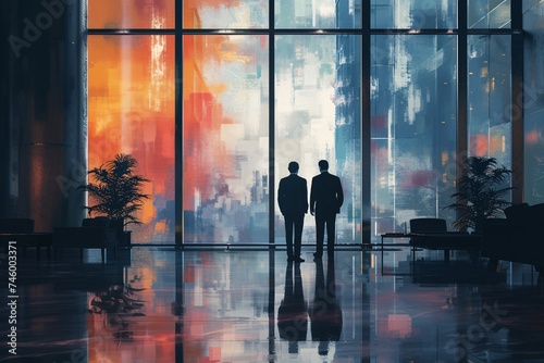 The silhouetted figures in a vibrant, artistic office space portray innovation and futuristic business concepts