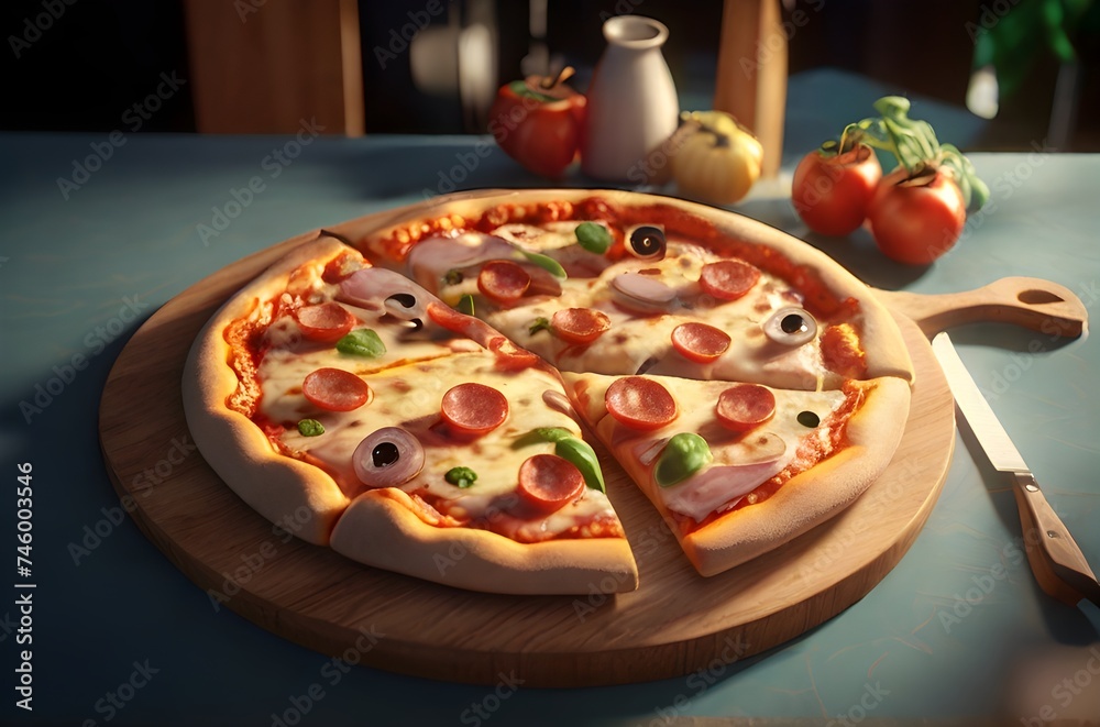 pizza on a board3d render of a chair with background.generative ai pizza on a board3d render of a chair with background.generative ai
