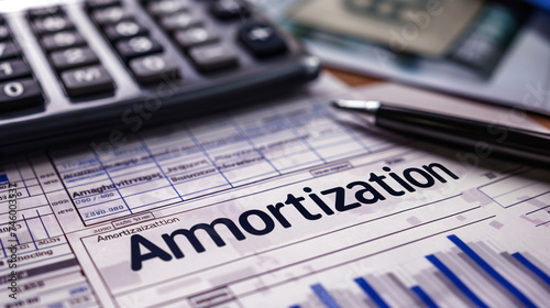 Amortization Schedule with Calculator and Pen on Financial Sheet