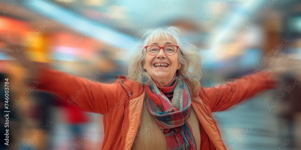 senior blonde Caucasian woman emanates grace and confidence as she strikes a dynamic pose against the blurred backdrop of a modern, motion-blurred shopping mall, bustling with shoppers.