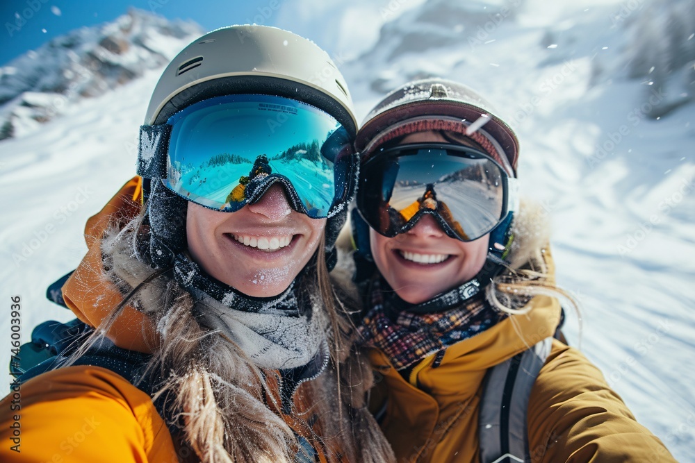 Two people in ski gear embracing while taking a selfie with a snow-covered mountain backdrop, faces unseen Two people in ski gear embracing while taking a selfie with a snow-covered mountain backdrop, faces unseen