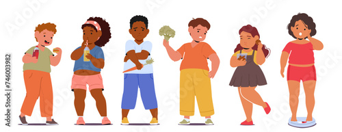 Overweight Kids With Excess Body Weight Due To Unhealthy Eating Habits And Lack Of Physical Activity. Fat Children