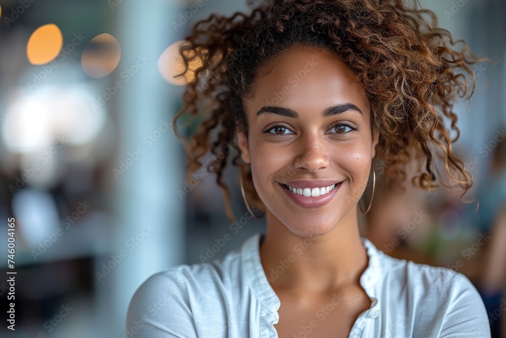 Warm portrait of a woman with a bright, welcoming smile and curly hair, exuding charm and happiness Warm portrait of a woman with a bright, welcoming smile and curly hair, exuding charm and happiness
