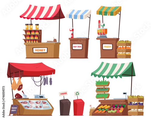 Farmers Stalls With A Welcoming Striped Canopies, Showcase An Array Of Fresh, Vibrant Produce, Like Meat, Juice, Honey