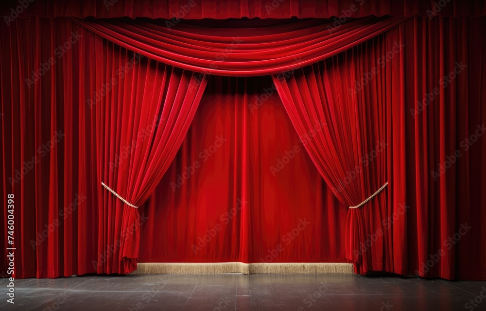 Fototapeta premium Red theater curtain repeat pattern for performance or promotion backdrop. Luxurious silky velvet tile drapes texture.
