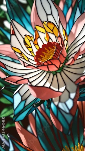 Stained glass flower artistry. Concept of intricate beauty and craftsmanship, ideal for artistic expression and decoration themes. Vertical video