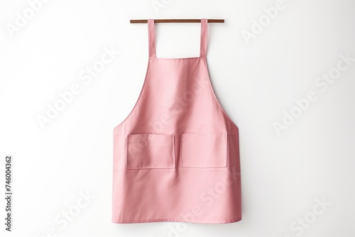 A beautifully hung pink apron with two front pockets offers a clean front view, suspended on a wooden hanger against a white backdrop