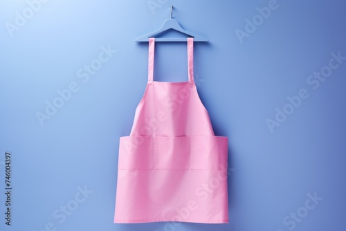 A vibrant pink apron hangs neatly on a hanger against a soothing blue background, creating a striking contrast