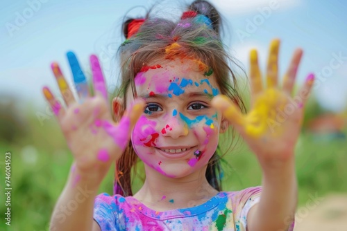 Cute indian little girl playing with colors on holi festival