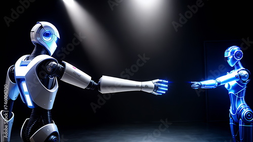 A cyber robot with a long arm extends its fingers to a hologram of another gaming robot