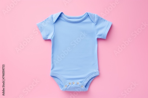 Modern and minimalistic blue baby bodysuit mockup against a pink background, perfect for product presentations