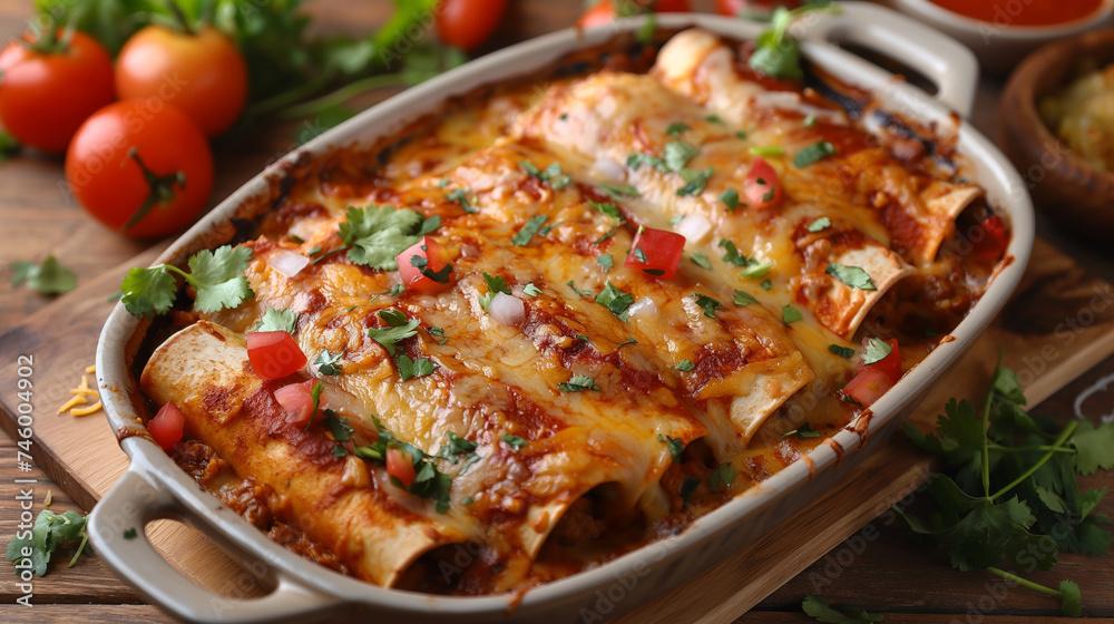 Delicious homemade enchiladas topped with melted cheese and fresh herbs on rustic kitchen table Delicious homemade enchiladas topped with melted cheese and fresh herbs on rustic kitchen table