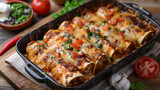 Delicious homemade enchiladas topped with melted cheese and fresh herbs on rustic kitchen table