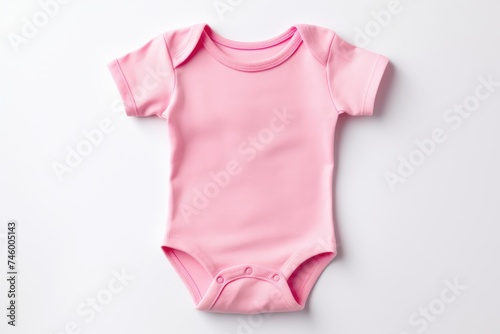 A chic, pink baby bodysuit mockup lying flat on a white background, emphasizing simplicity and style