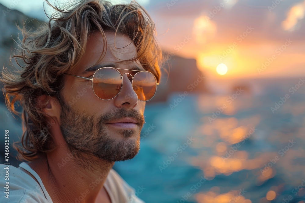 A person gazes out towards a golden sunset over calming seascape A person gazes out towards a golden sunset over calming seascape