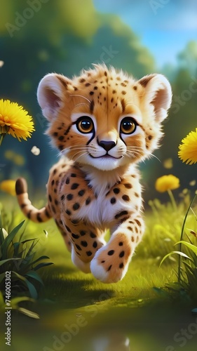 Cute baby Cheetah in the meadow with beautiful flowers, Cute Baby Animals, Cute beautiful baby animals, baby animals for kids wall decorations