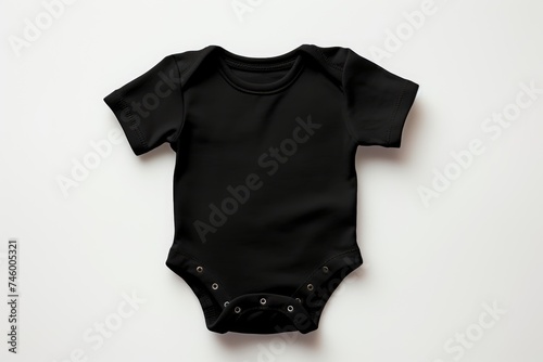 A chic, black baby bodysuit mockup lying flat on a white background, emphasizing simplicity and style