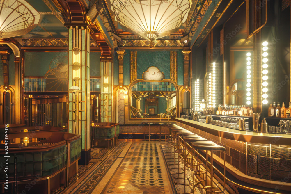Obraz premium Art Deco-inspired cocktail bar interior with geometric patterns.