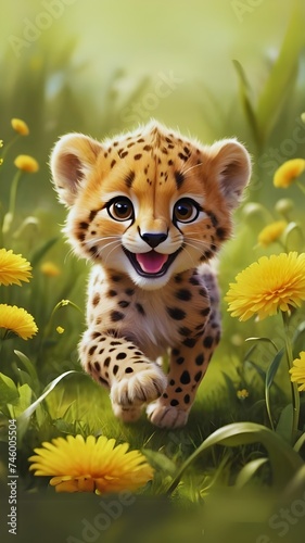 Cute baby Cheetah in the meadow with beautiful flowers, Cute Baby Animals, Cute beautiful baby animals, baby animals for kids wall decorations
