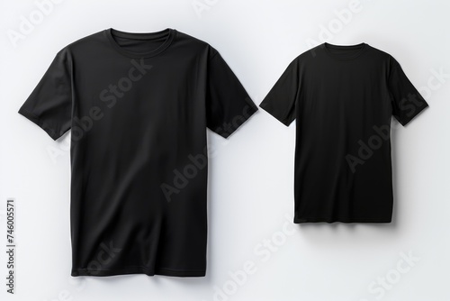 Two black, round neck t-shirts displayed on a white surface, offering a clear front view suitable for design mockups or product display