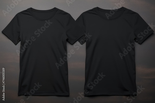 Two black t-shirts displayed in front view, offering a sleek and modern mockup for branding and design on a textured dark background