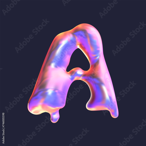 Volumetric flowing gradient letter A. Alphabet, inscription. Airy iridescent balloon, Melty Metallics. For logos, packaging, promotional materials and web banners. holographic Y2k. photo