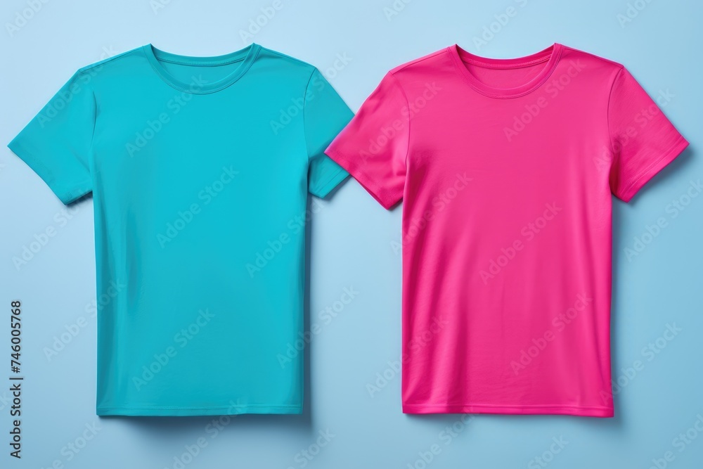 Two striking t-shirts, one in turquoise and the other in vivid pink, laid out on a light blue background Two striking t-shirts, one in turquoise and the other in vivid pink, laid out on a light blue background