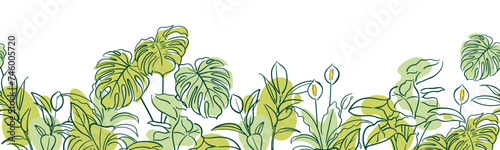 Ficus, Syngonium, Monstera, Spathiphyllum. horizontal seamless border. Exotic plant. Home floriculture, house plants, hobby. Botanical illustration in hand drawn sketch style. Outline illustrations.