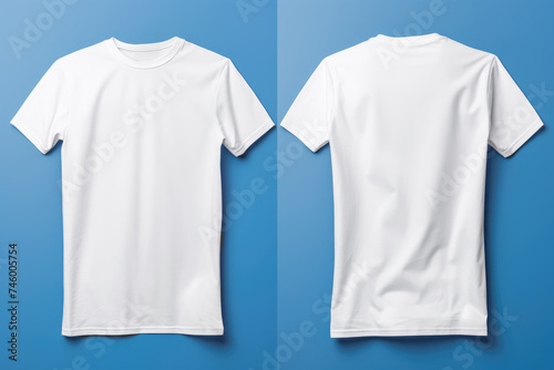 Front and back view of a white t-shirt mockup, ideal for presenting apparel designs in a modern and minimalist fashion, blue background