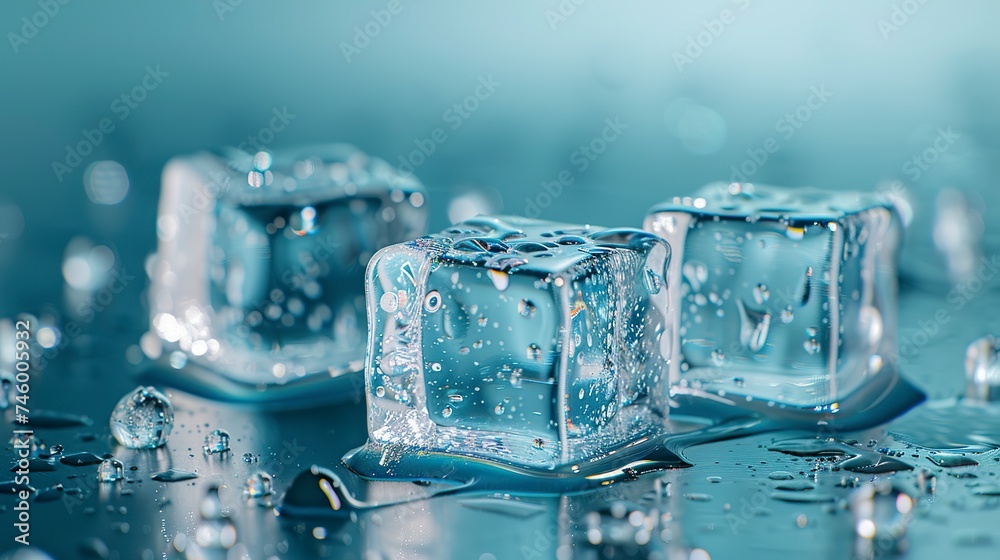 Ice cubes slowly melt on a glass table, leaving behind small puddles of water. Ice cubes in an ephemeral and fluid scene. Transition from solid to liquid. Ice cubes slowly melt on a glass table, leaving behind small puddles of water. Ice cubes in an ephemeral and fluid scene. Transition from solid to liquid.