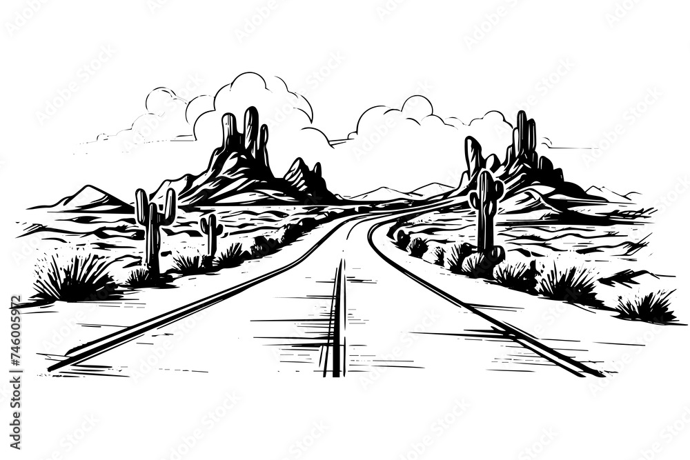 Desert arizona or texas road landscape with cactus and mountain vintage vector sketch