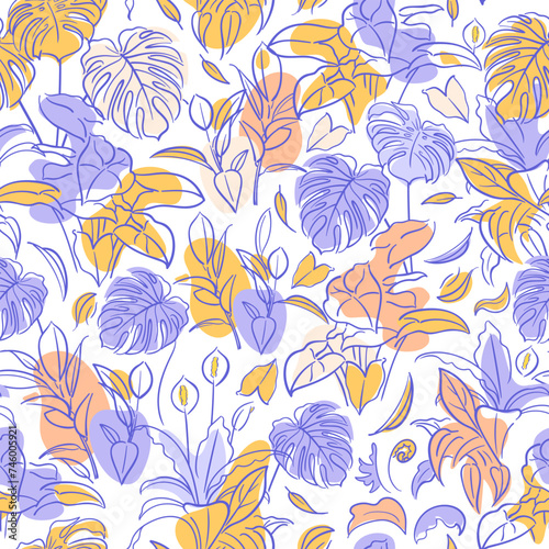 Ficus, Syngonium, Monstera, Spathiphyllum. seamless pattern. Exotic plant. Home floriculture, house plants, hobby. Botanical illustration in hand drawn sketch style. Outline illustrations. Peach Fuzz