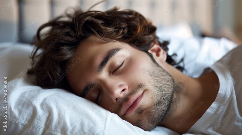 A man sleeping on a bed with his eyes closed, AI