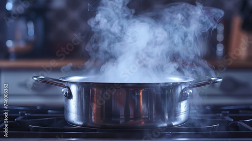 A pot of steam is coming out from a cooking pan on the stove, AI photo