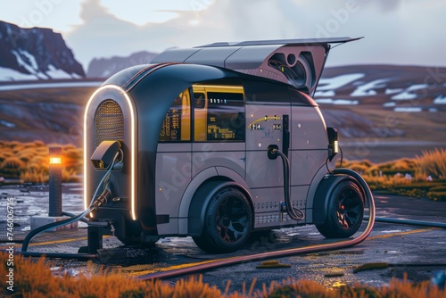 Futuristic autonomous electric vehicle charging - A sleek, futuristic autonomous electric van at a charging station surrounded by a scenic landscape signifies advanced green transportation technology © Mickey
