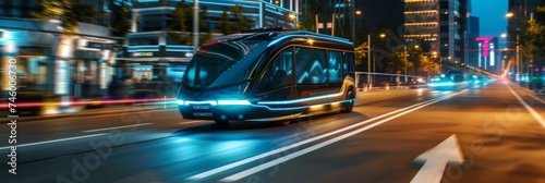 Futuristic autonomous pod car speeding at night - This image captures a sleek autonomous pod car gliding through a neon-lit cityscape, representing the future of urban transportation © Mickey