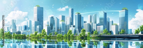 Futuristic city skyline with abundant greenery - A digital art depiction of a utopian future city with skyscrapers and lush greenery, showcasing a harmonious blend of urban and natural environments