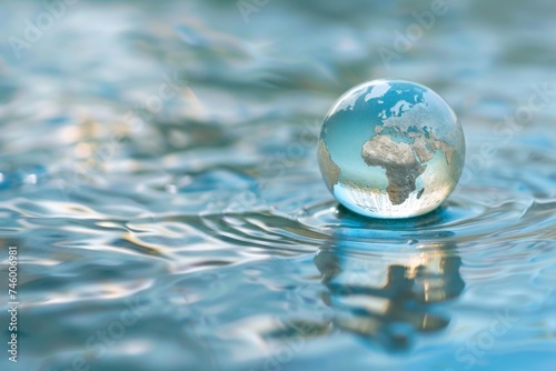 Globe resting on water surface reflecting sky - Glass globe partially submerged in water with clear reflections of the sky and clouds above