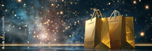 Golden shopping bags on blue bokeh background - Two elegant golden shopping bags placed on a shiny reflective surface with magical blue bokeh lights in the background, representing luxury retail photo