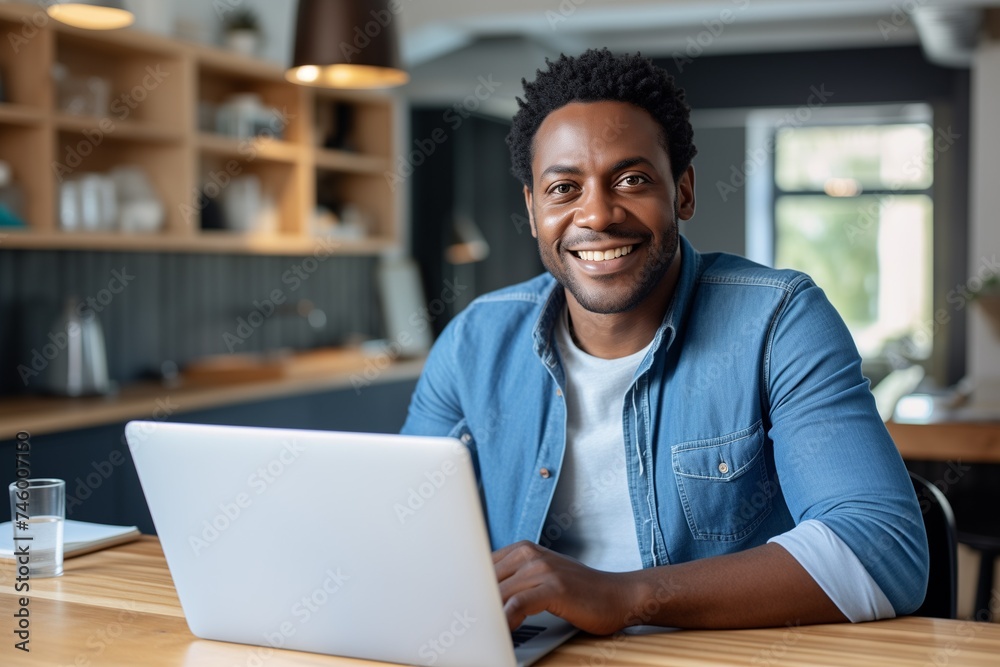 Man at home working on a laptop computer smiling
