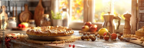 Homemade apple pie on kitchen table - A freshly baked, golden apple pie sits on a rustic kitchen table bathed in warm sunlight with autumnal fruits and baking utensils around photo