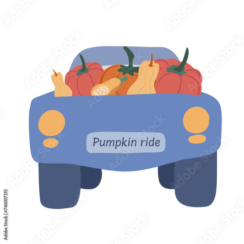 Blue truck with pumpkins back view flat design