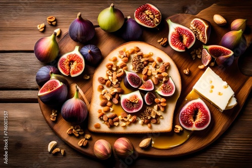 pizza with salami and olives, Indulge in a delightful culinary experience with a slice of bread adorned with figs, cheese, honey, and walnuts, elegantly presented on a rustic wooden cheese board